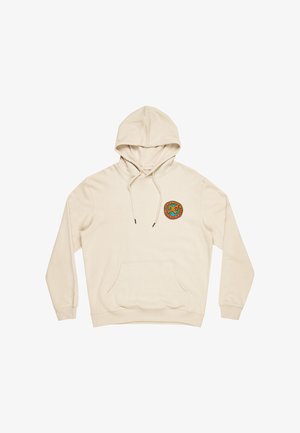 Beżowa bluza z kapturem wykonana z dzianiny bawełnianej. Posiada kieszeń z przodu, sznurki ściągające oraz kolorowe okrągłe logo na piersi.