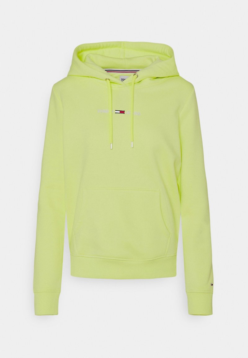 Felpa con cappuccio di un brillante giallo neon, realizzata in tessuto morbido. Presenta una tasca a marsupio frontale e un piccolo logo bianco e rosso sul petto.