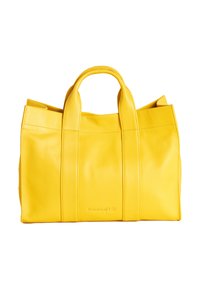 Gelbe Leder-Tote-Bag mit zwei oberen Tragegriffen, rechteckiger Form, glatter Textur, sichtbaren Nähten und prägtem Logo auf der Vorderseite.