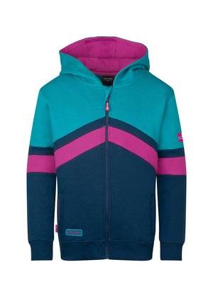 Kinder Kapuzen-Zipperjacke mit türkis-, navyblauen und pinken Chevron-Streifen und Taschen, mit kleinem Flaggen-Patch am Ärmel.