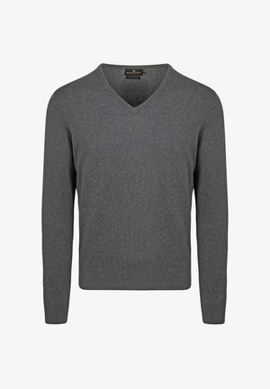 Grijze v-hals trui met lange mouwen, gemaakt van een zachte stof, met een gebreide textuur en een klassieke, aansluitende pasvorm.