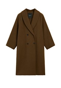 Brązowy wełniany płaszcz z podwójnym zapięciem, szerokimi klapami i rękawami o długości trzy czwarte. Posiada czarne guziki i eleganckie, teksturowane wykończenie.