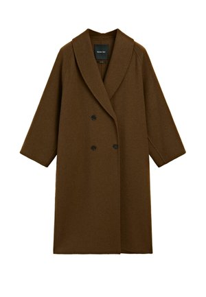 Brown wool coat with a double-breasted design, wide lapels, and three-quarter sleeves. Features black buttons and a clean, textured finish.
