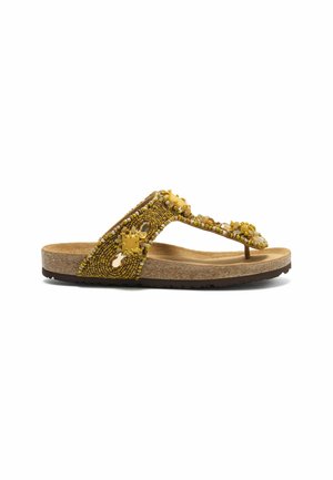 Sandalo infradito giallo con perline, suola in sughero e grappoli decorativi di pietre preziose sulle fasce, mostrato di profilo su sfondo bianco.