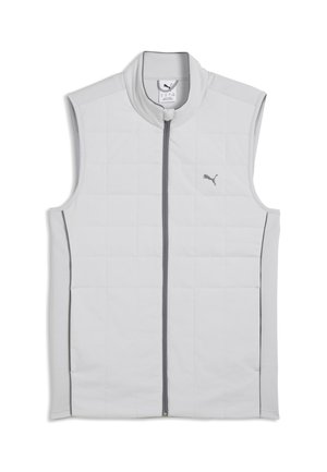 Lichtgrijs mouwloos vest met ritssluiting aan de voorkant en Puma-logo op de linkerborst, met een doorgestikt patroon en een opstaande kraag.
