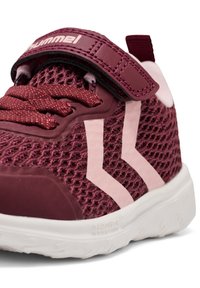 Scarpa sportiva bordeaux con tomaia in mesh, cinturino in velcro e dettagli rosa. Presenta un design testurizzato e una suola in gomma con motivo a profilo.