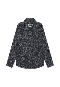 Chemise à manches longues en coton bleu marine foncé avec un motif floral blanc, fermeture à boutons sur le devant, col pointu et ourlet arrondi.