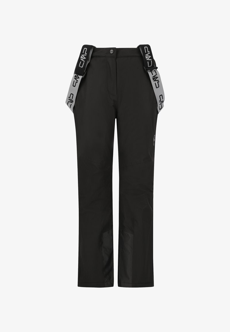 Mustat lumihousut vesitiiviistä materiaalista, joissa on säädettävät harmaat olkaimet, joissa on logo, sekä vahvistetut polviosat kestävyyden lisäämiseksi.