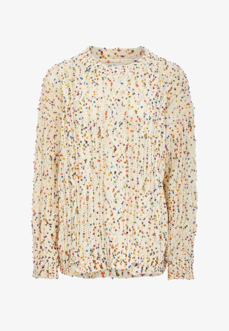 Sweter w kolorze kremowym, dziany, z kolorowymi drobinkami, o teksturowanej, wzorzystej powierzchni i okrągłym dekolcie.