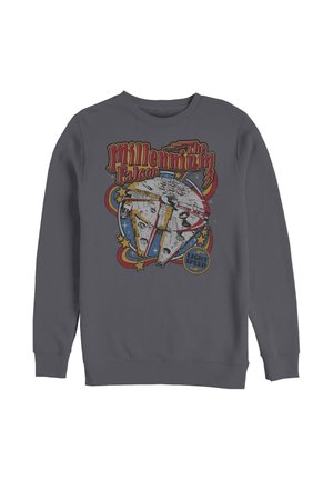 Mørkegrå sweatshirt med et farverigt retro Millennium Falcon rumskibsgrafik og teksten "The Millennium Falcon" og "Light Speed" på forsiden.