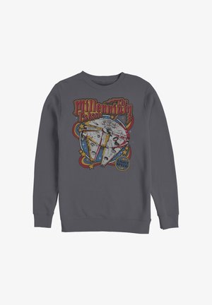Dunkelgrauer Pullover mit einem farbenfrohen Retro-Grafik des Millennium Falcon Raumschiffs und dem Text "The Millennium Falcon" und "Light Speed" auf der Vorderseite.