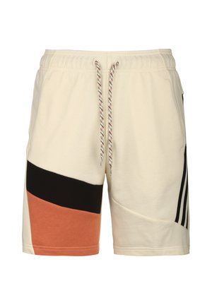 Cremefarbene Shorts mit Kordelzug, schwarzen und rostfarbenen geometrischen Einsätzen und seitlichen schwarzen Streifen, aus weichem Stoff.