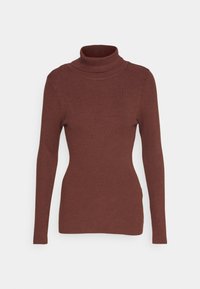 Suéter marrón de cuello alto acanalado con mangas largas y una silueta ajustada. Fabricado en un material de punto texturizado, presenta un clásico cuello alto.