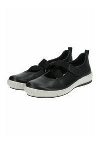 Czarne buty na slip-on z elastycznymi paskami, górą z gładkiej skóry, okrągłym noskiem i teksturowaną białą gumową podeszwą.