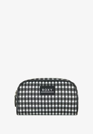 Zwart-wit geblokte cosmetica pouch, rechthoekige vorm, dubbele ritsluiting, met een prominente zwarte Roxy-logo op de voorkant.