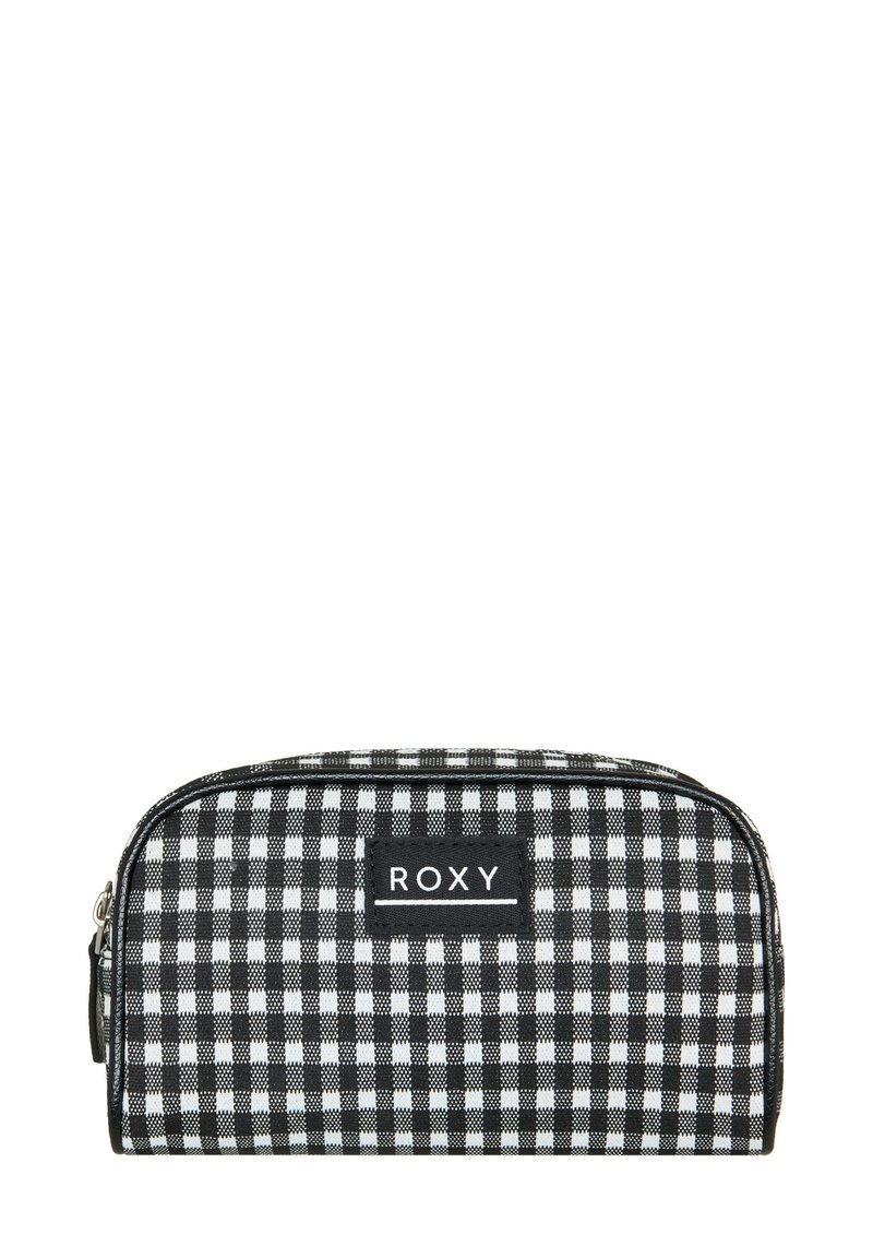 Čierno-biely kockovaný kozmetický púzdro, obdĺžnikový tvar, s dvojitým zipsom, na prednej strane s výrazným čiernym logom Roxy.