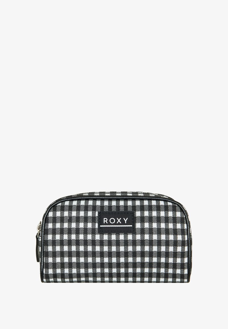 Svart och vit rutmönstrad kosmetikapåse, rektangulär form, dubbel dragkedjestängning, med en framträdande svart Roxy-logotyp på framsidan.