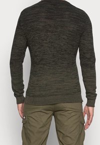 Pull en maille vert foncé avec un motif texturé, poignets et ourlet côtelés, associé à un pantalon cargo olive, vue arrière visible.