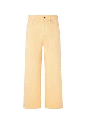 Pantalons large en denim jaune avec un design classique à cinq poches. Comprend une fermeture à bouton sur le devant et une texture légèrement usée.