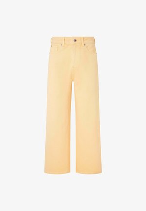 Žlté denimové nohavice s širokými nohavicami a klasickým dizajnom s piatimi vreckami. Obsahujú predné zapínanie na gombík a mierne opotrebovaný vzhľad.