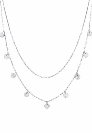Zilveren ketting met twee gelaagde schakels, voorzien van ronde, gestructureerde hangers die gelijkmatig langs elke schakel zijn geplaatst. Glanzende afwerking benadrukt de details.