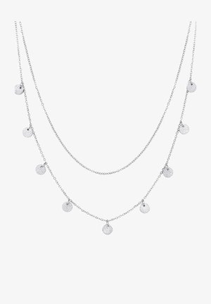 Silver necklace with two layered chains, featuring round textured pendants spaced evenly along each chain. Sparkling finish enhances detail.