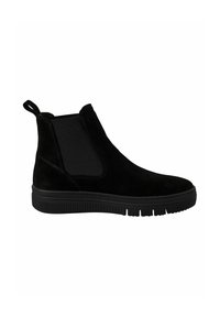 Bottes de cheville en suédine noire avec des panneaux latéraux élastiques, une languette à l'arrière et une semelle en caoutchouc noir texturé dotée de motifs de grip.