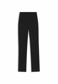 Schwarze maßgeschneiderte Hose mit geradem Bein, ausgestattet mit Fronttaschen und einem glatten, strukturierten Stoff. Saubere, minimale Details.