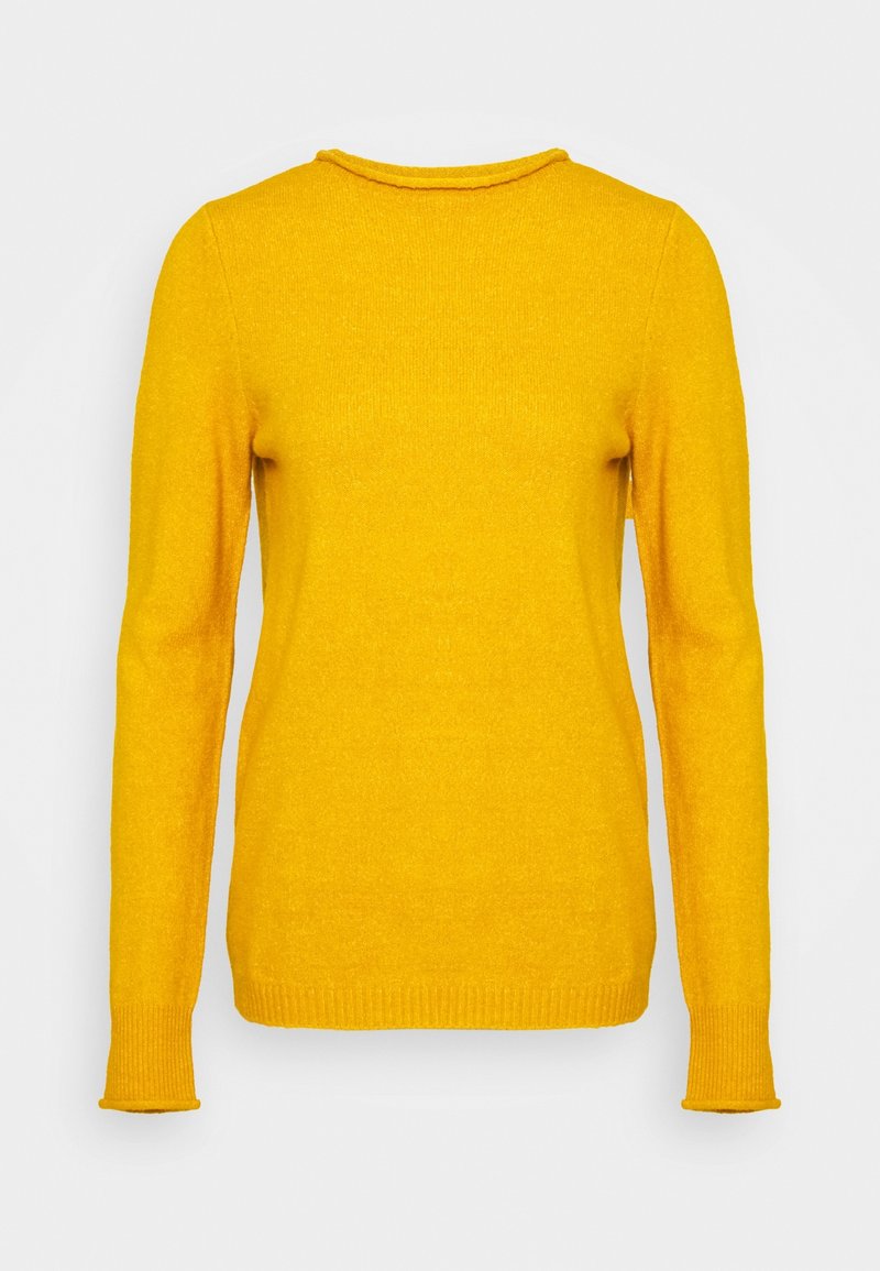 Pull ajusté à manches longues jaune avec col rond et poignets et ourlet côtelés, présenté sur un fond clair uni.