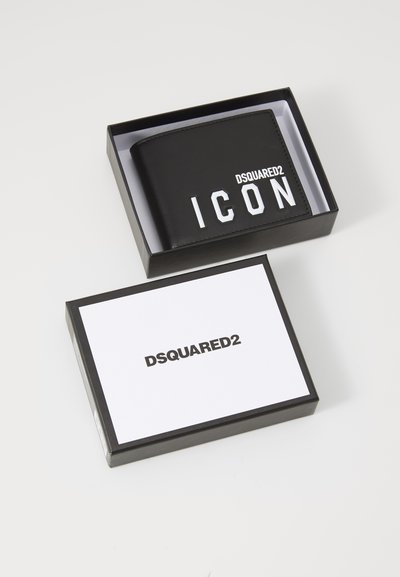 Black leather wallet with white "ICON" lettering, presented in a rectangular black box with a white lid and "DSQUARED2" branding.