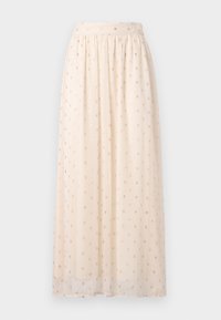 Jupe midi beige clair en tissu transparent, avec une taille froncée et une broderie florale dorée dispersée sur toute la surface.