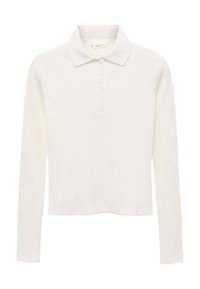 Biely dlhý rukáv ribbed polo tričko s štyrmi prednými gombíkmi a klasickým golierom, vyrobené z mäkkého pleteného materiálu.