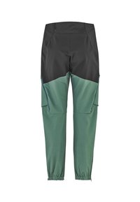 Pantalons bicolores avec une section supérieure noire et une section inférieure verte. Dotés de poches latérales zippées et de poignets élastiques aux chevilles. Texture de tissu lisse.