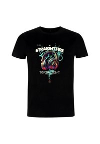 Černé bavlněné tričko s živou grafickou potiskem sluchátek a texty "STRAIGHTFIRE" a "TROPICAL TWIST" v odvážných barvách.