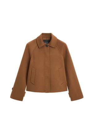 Braune, kurz geschnittene Jacke aus Wollmischgewebe mit Hemdkragen, Raglanärmeln, zwei Taschen vorne und geknöpften Manschetten. Glatte Textur, minimalistisches Design.