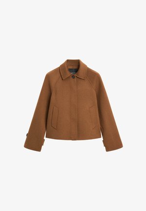 Brązowa krótka kurtka z mieszanki wełny z kołnierzem, raglanowymi rękawami, dwoma przednimi kieszeniami i mankietami na guziki. Gładka tekstura, minimalistyczny design.