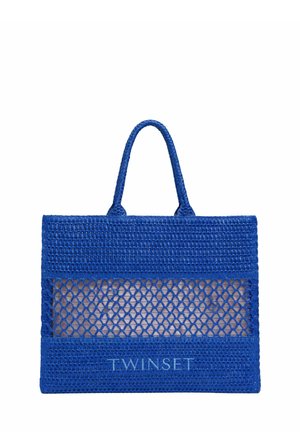Borsa tote intrecciata blu con pannello centrale in rete e logo "TWINSET" bianco sulla parte anteriore inferiore, dotata di due manici sulla parte superiore.