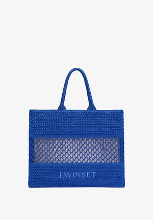 Borsa tote intrecciata blu con pannello centrale in rete e logo "TWINSET" bianco sulla parte anteriore inferiore, dotata di due manici sulla parte superiore.