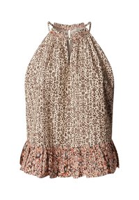 Beige mouwloze halterjurk met bruine tribalprint en een gerimpelde zoom met meerkleurige bloemmotieven, achterstriksluiting met split.