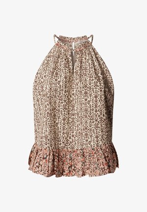 Robe beige sans manches à col licou avec imprimé tribal marron et ourlet à volants avec motifs floraux multicolores, fermeture arrière nouée avec ouverture en forme de goutte.