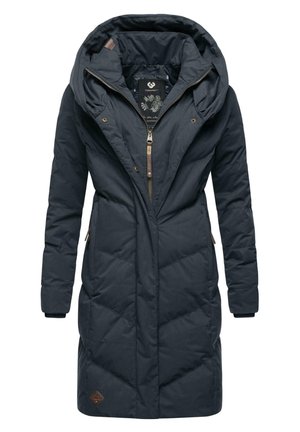 Dark, knee-length padded coat with a large hood, zip closure, diagonal quilted pattern, and branded detailing at the hem.
