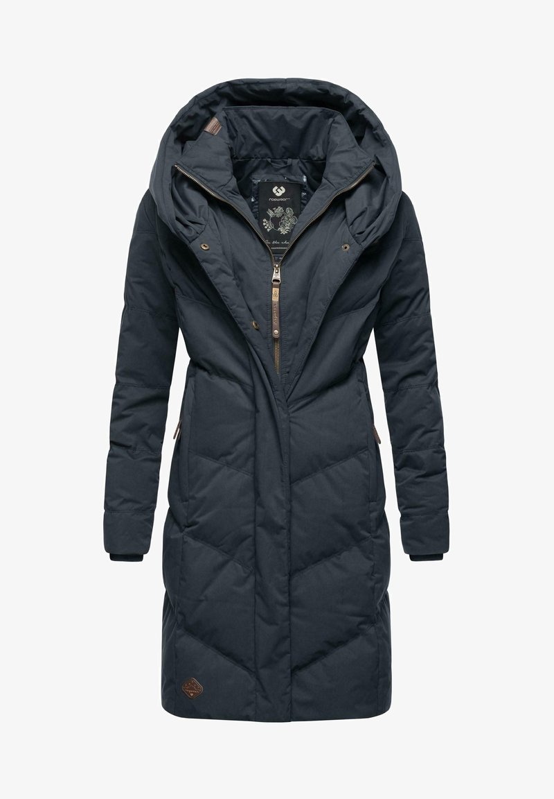 Dark, knee-length padded coat with a large hood, zip closure, diagonal quilted pattern, and branded detailing at the hem.