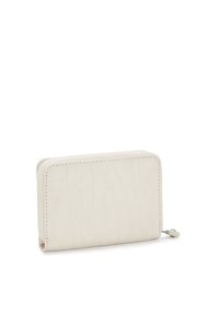 Portafoglio zip-around color crema in pelle liscia con cuciture tonali e un design minimalista. Presenta una zip metallica e una forma rettangolare.