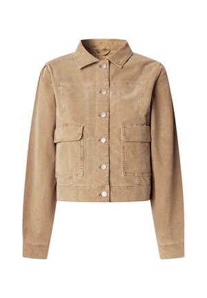 Bleke corduroy jas met een kraag, knopen aan de voorkant, twee borstzakken en lange mouwen. De textuur is geribbeld met een cropped ontwerp.