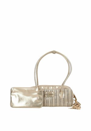 Borsa a mano oro metallico con texture intrecciata, doppi manici e piccolo portamonete abbinato con zip attaccato.