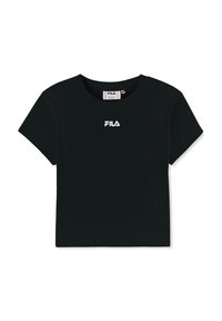 Camiseta corta negra de algodón con cuello redondo y mangas cortas. Presenta un logo bordado en blanco de "FILA" en la parte frontal.