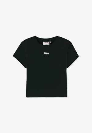 Czarna, krótkotaliowana koszulka z bawełny z okrągłym dekoltem i krótkimi rękawami. Posiada białą haftowaną logo "FILA" z przodu.
