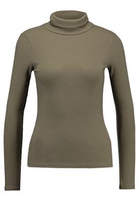 Olivgrünes langärmeliges Turtleneck-Oberteil aus geripptem Stoff, mit figurbetontem Schnitt, hohem Kragen und glatter Textur.