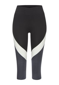 Zwarte en grijze capri legging met een witte gebogen paneelontwerp. Gemaakt van rekbare stof, met een hoge tailleband en een aansluitende pasvorm.