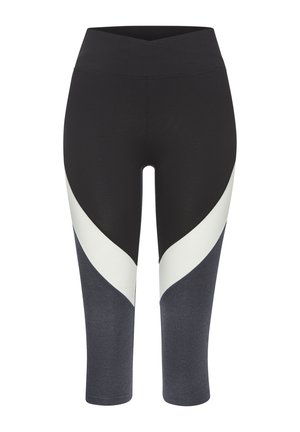 Schwarze und graue Capri-Leggings mit einem weißen geschwungenen Panel-Design. Hergestellt aus dehnbarem Material, mit einem hohen Taillenbund und einer figurschmeichelnden Silhouette.